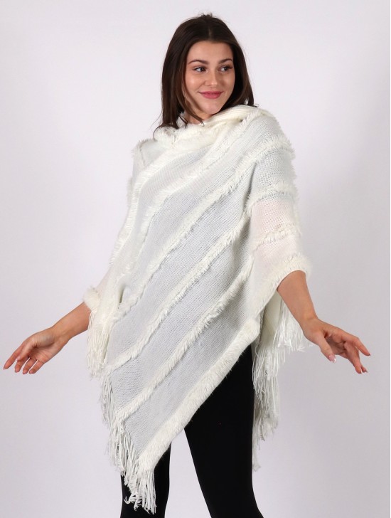 Hooded Poncho with Faux Fur Details